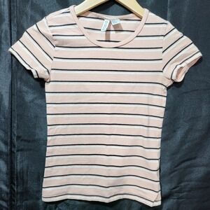 H&M Divided Pink Striped‎ Short Sleeve T-Shirt XS Crew Neck Basic Tee